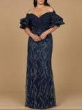 Off Shoulder Mermaid Beaded Gown with Tiered Sleeves